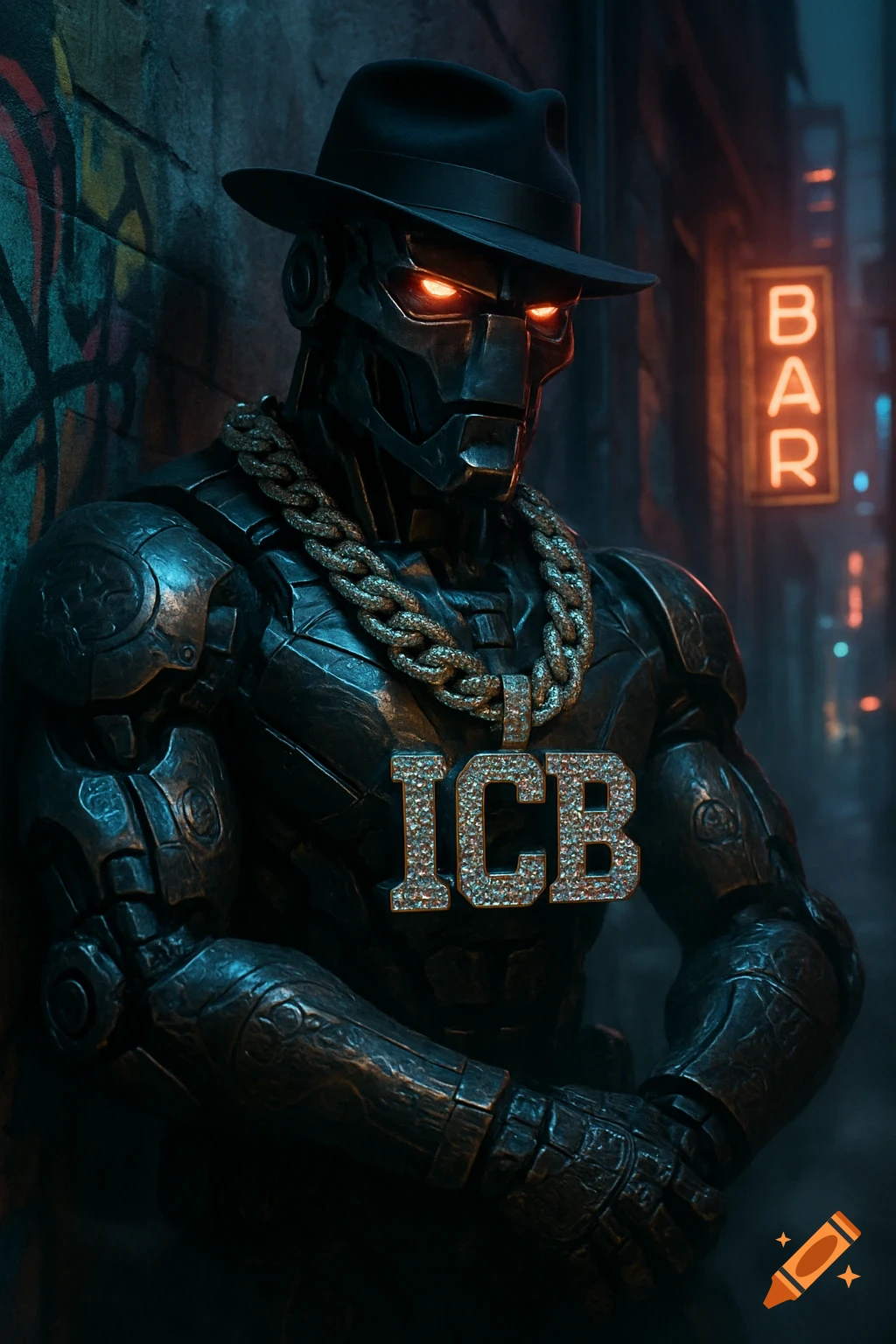 A dark, armored robot wearing a fedora and a diamond 'ICB' chain, in a gritty urban alley with a neon 'BAR' sign.
