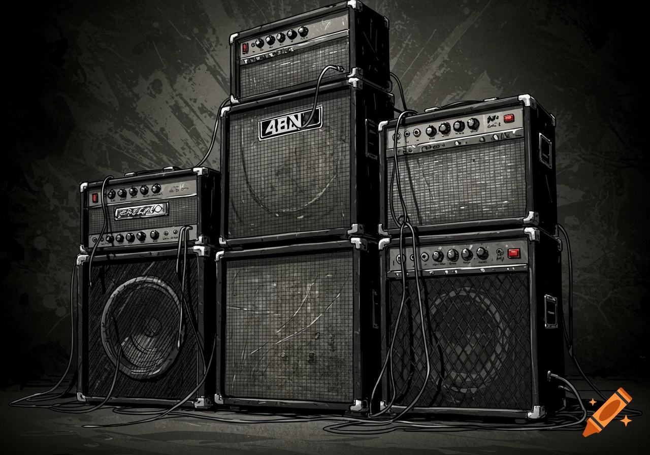A stack of black and white guitar amplifiers with a distressed, illustrative style.