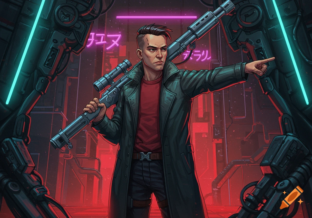 An illustration of a man with a rifle pointing, standing in a neon-lit cyberpunk city street.