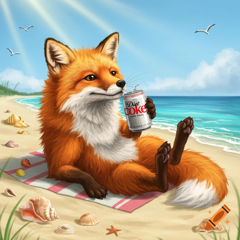 A cute cartoon fox with orange fur relaxes on a striped towel on a sunny beach, holding and drinking from a can of Diet Coke.