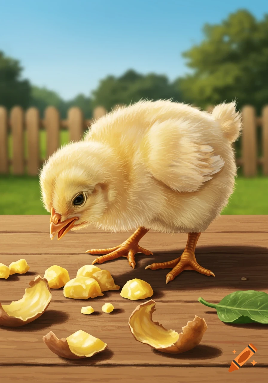 A fluffy yellow baby chick pecking at small yellow food pieces and broken eggshells on a wooden table outdoors. Cartoon style.