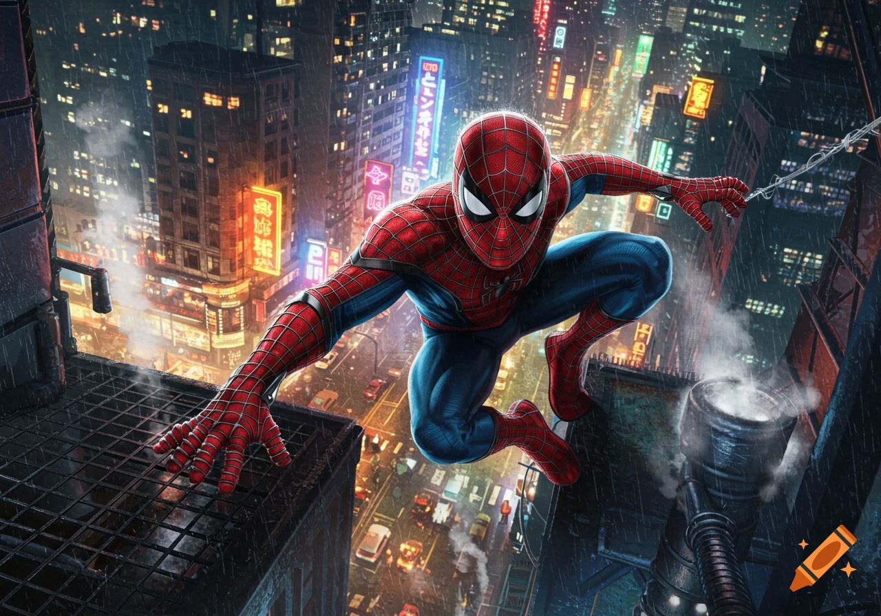 Spider-Man swings through a neon-lit city at night, rain falling as he lunges across rooftops.