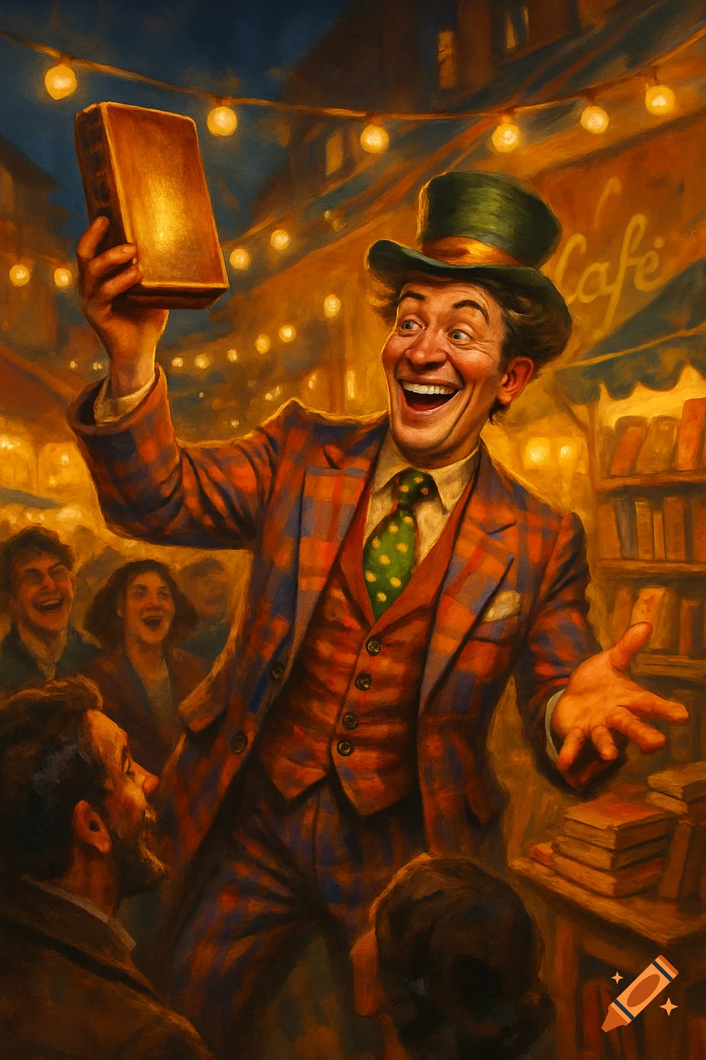 A cheerful salesman in a green top hat and plaid suit enthusiastically holds up a glowing book in a lively, painted market scene with happy onlookers.