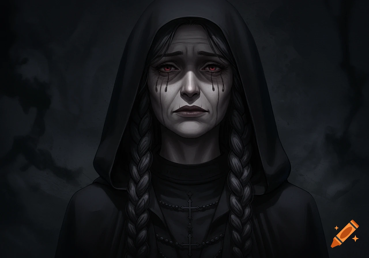 Dark stylized portrait of a crying woman with red eyes and ash tears, wearing a black hooded robe with subtle religious symbols, and long braided hair.