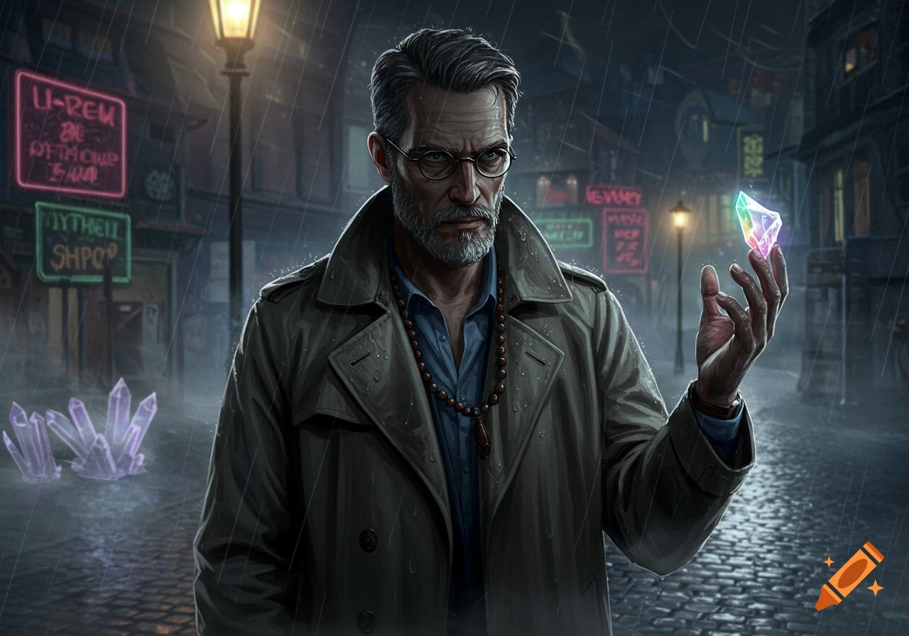 A grizzled, grey-haired man in a trench coat and glasses holds a glowing crystal in a rainy, neon-lit cyberpunk street. Other crystals lie on the wet ground.