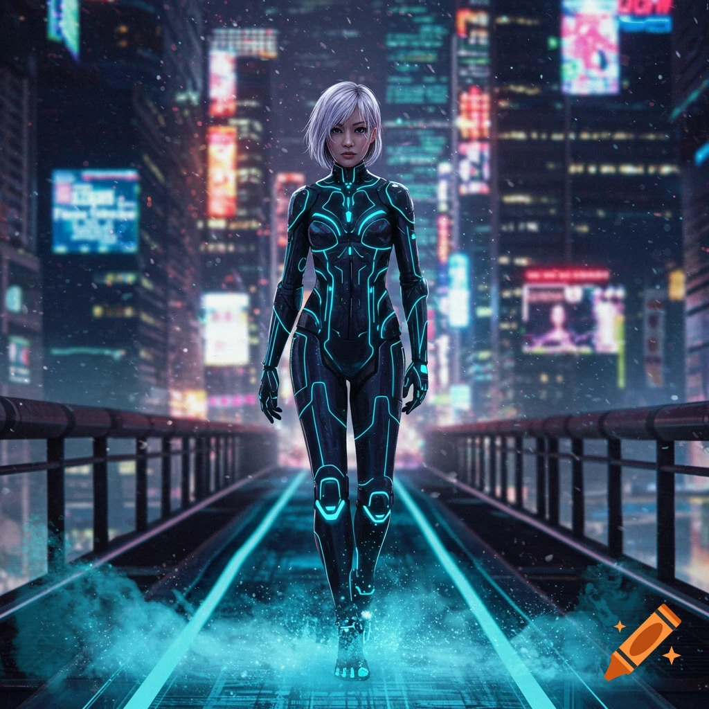 A futuristic woman in a glowing black and blue suit walks through a cyberpunk city at night.