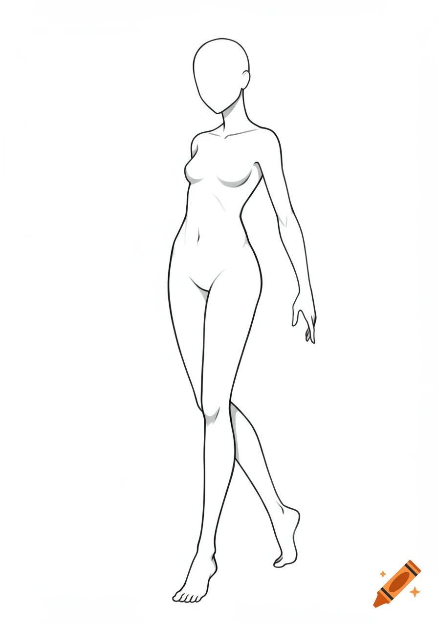 Minimalist line art of a blank female croquis, a fashion drawing template, standing in a slight pose.