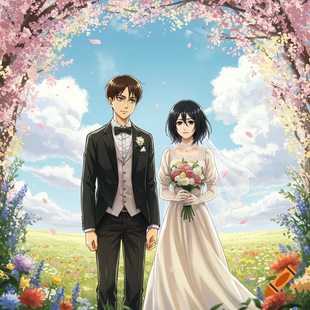 Anime illustration of Eren Jaeger and Mikasa Ackerman as a newlywed couple, standing in a field of wildflowers under a cherry blossom arch.