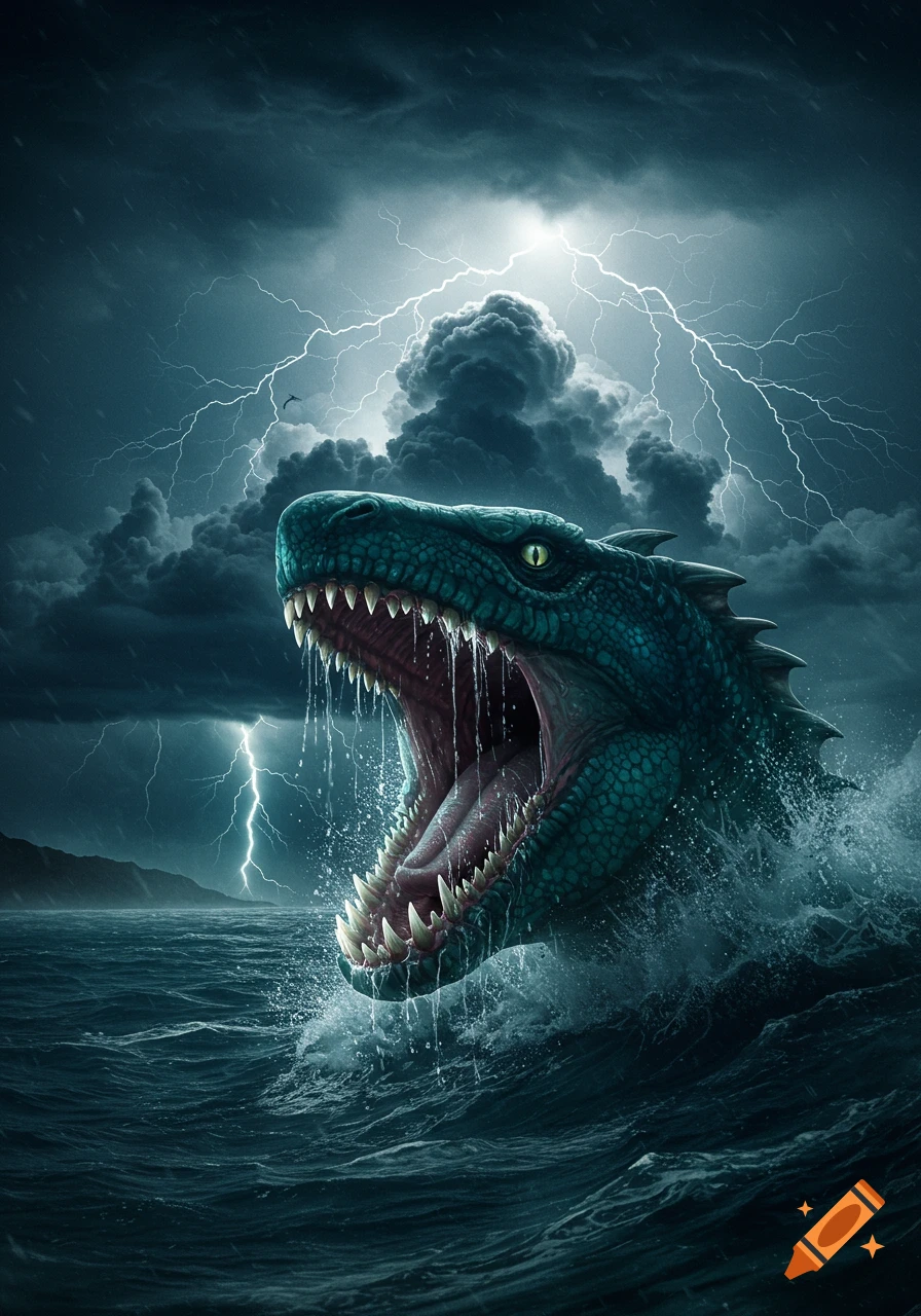 A fierce green sea monster with sharp teeth emerges from stormy dark ocean waves as lightning strikes.