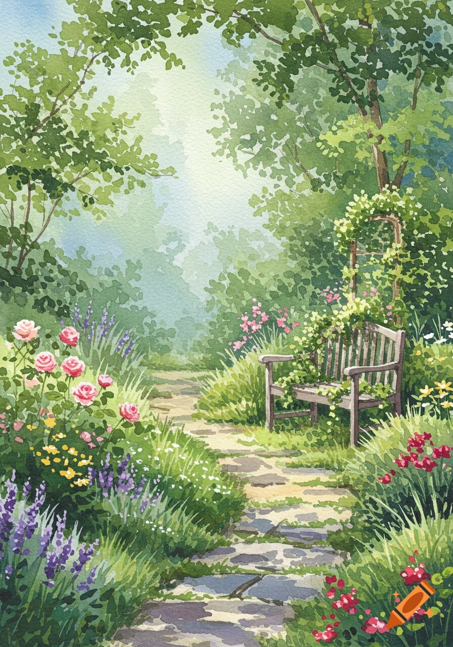 Watercolor painting of a stone path, a wooden bench, and various blooming flowers in a lush green garden.
