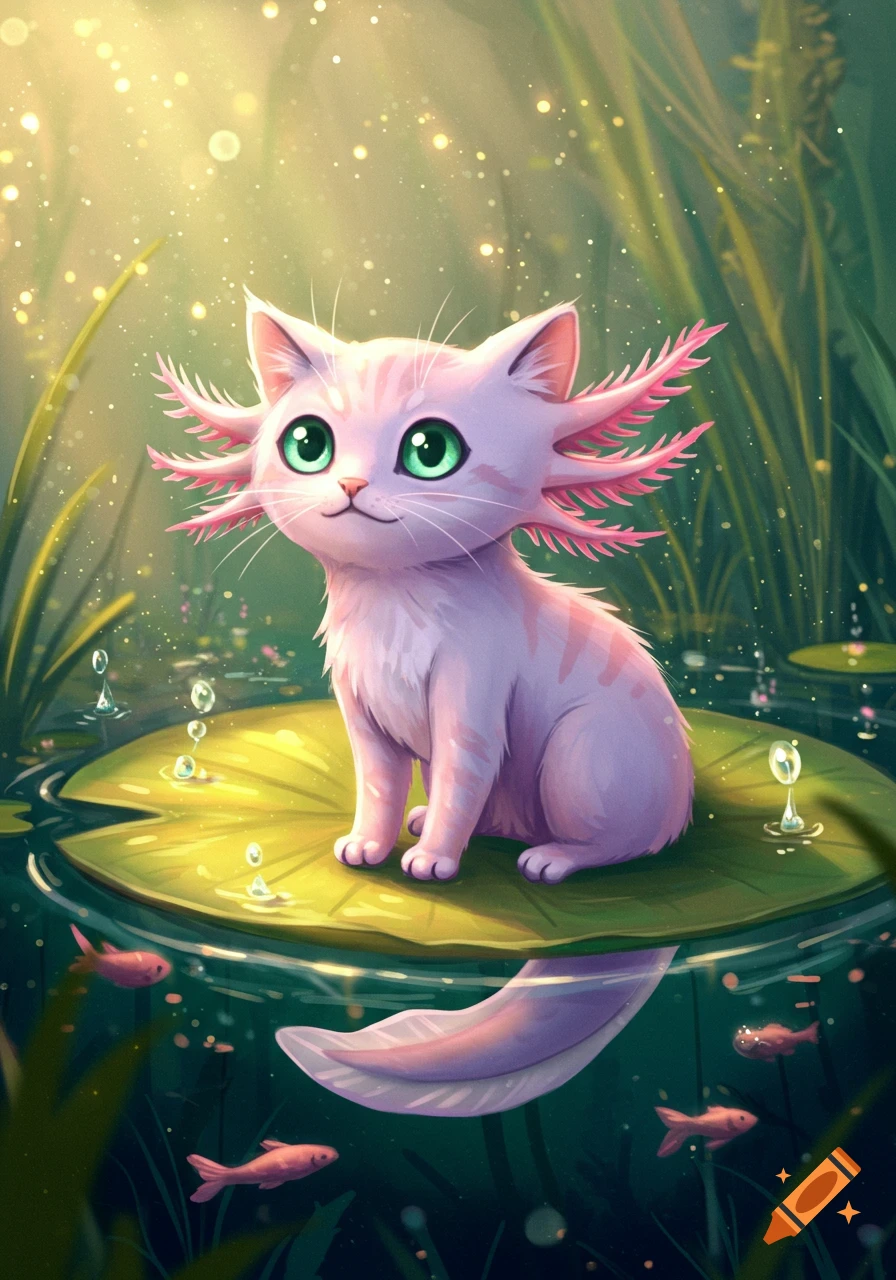 A cute pinkish-purple cat-axolotl hybrid with green eyes sits on a lily pad in a glowing pond with small fish. Digital art.