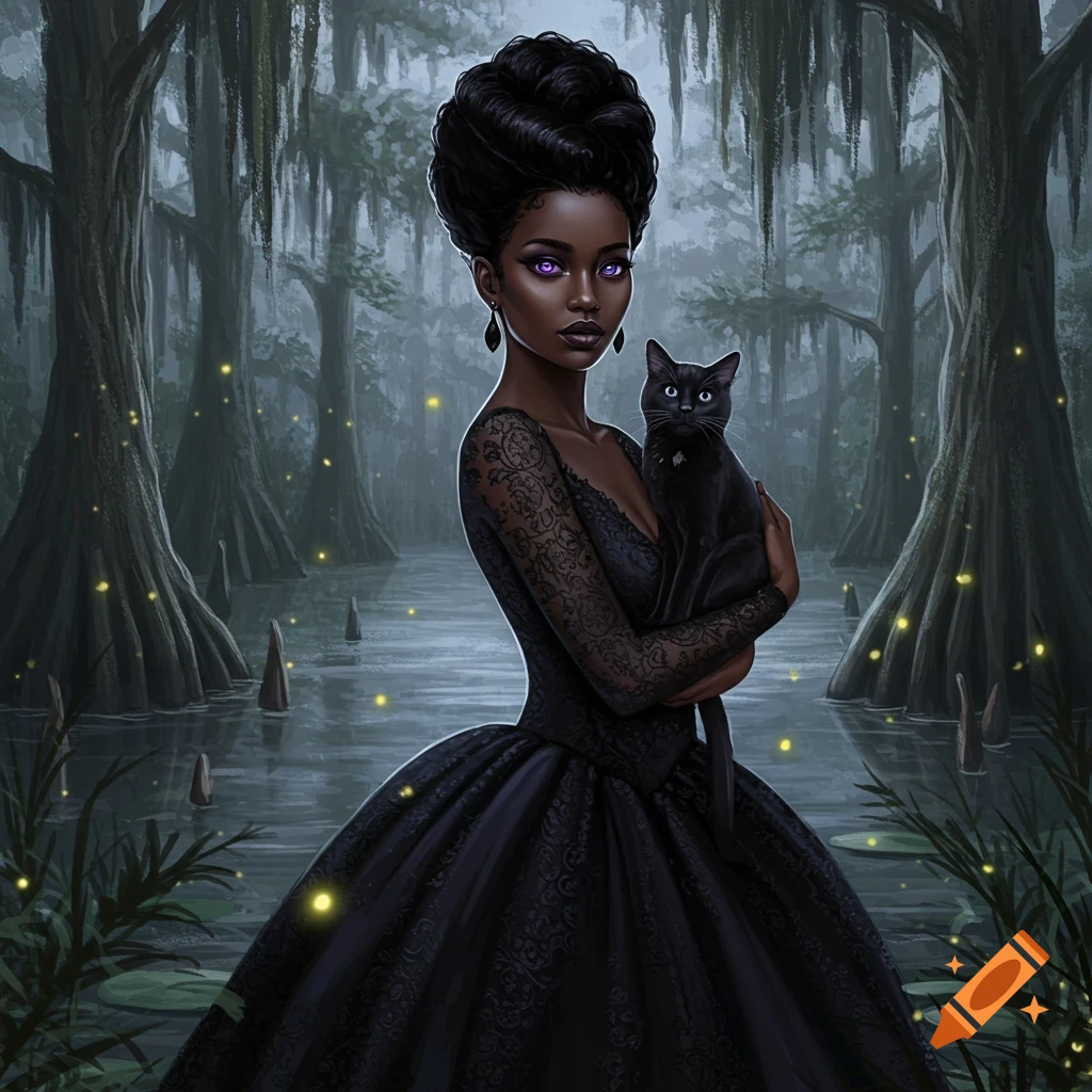 A Black woman in a black lace ball gown, with purple eyes and an elaborate hairstyle, holds a black cat in a foggy, glowing swamp.