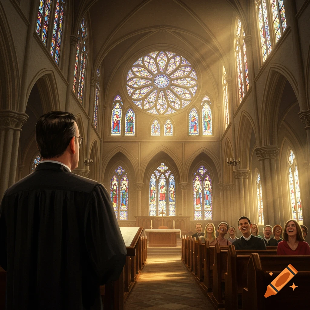 A pastor stands in a grand church, addressing a laughing congregation under bright stained glass windows. Photorealistic style.