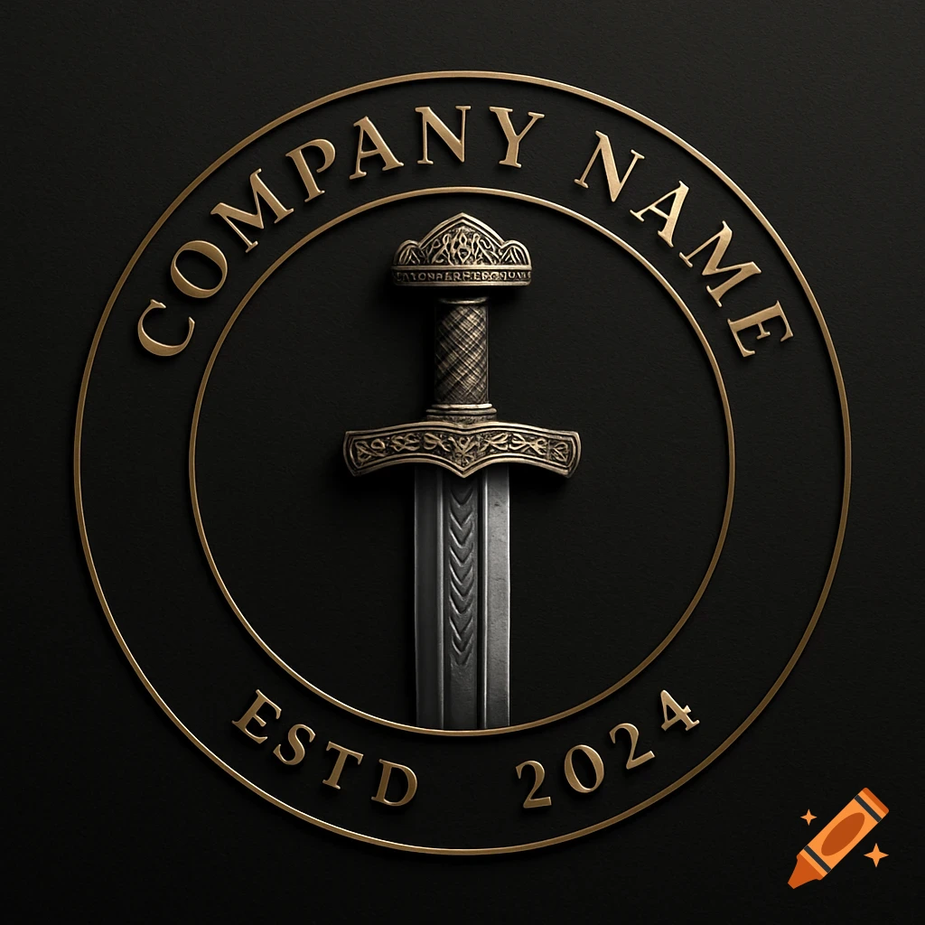 A bronze and black circular business logo featuring a Viking sword with "COMPANY NAME" and "ESTD 2024".