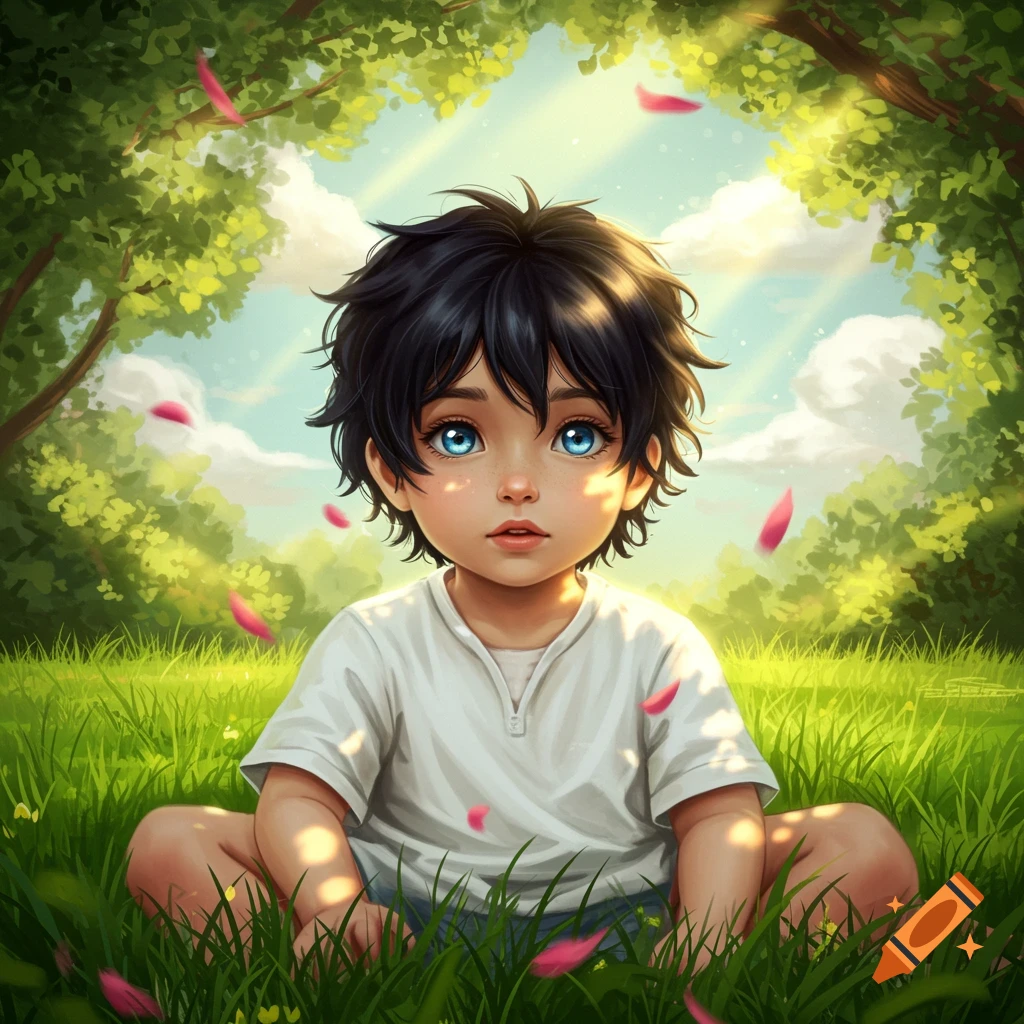 A stylized illustration of a little boy with black hair and blue eyes, sitting in green grass with sunlight and falling pink petals.