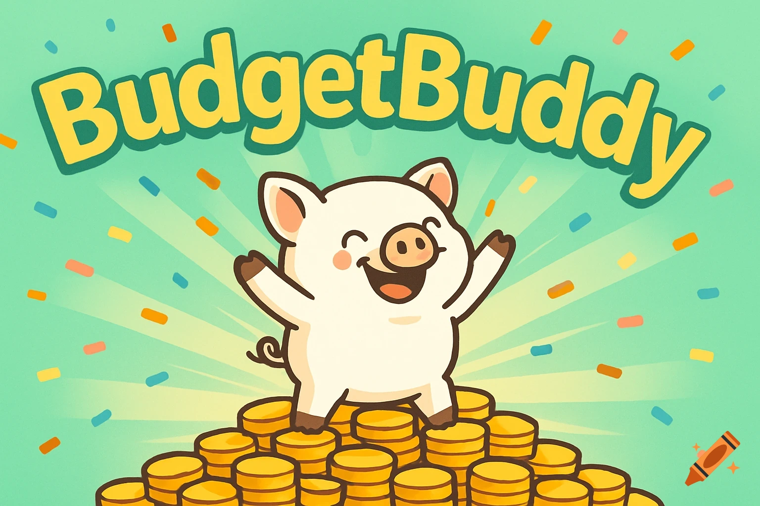 Happy cartoon pig stands on a pile of gold coins, 'BudgetBuddy' text above, mint green background with confetti.