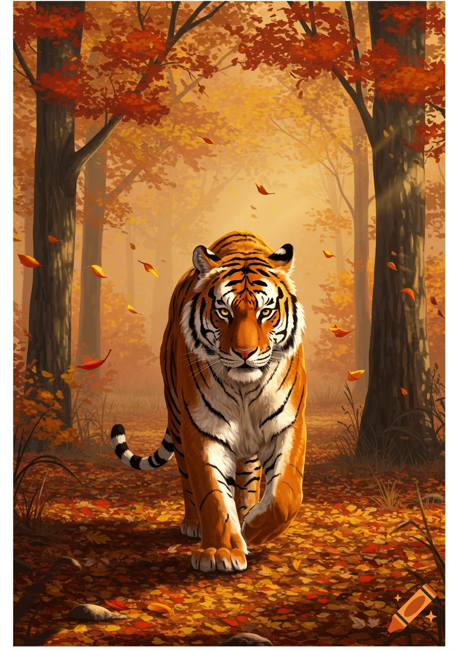 A majestic tiger walks towards the viewer in an autumn forest with vibrant orange and red leaves covering the ground, in an illustrative style.