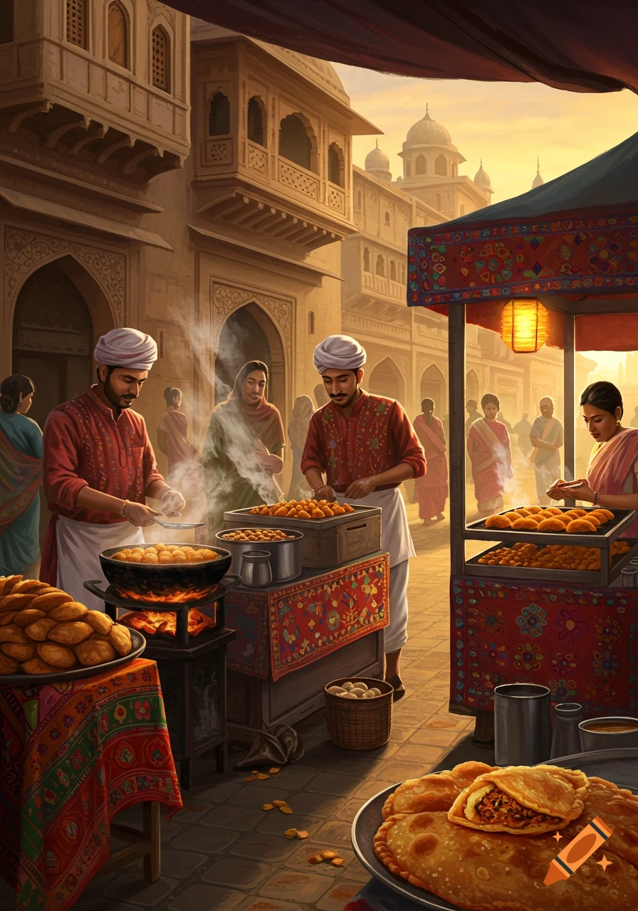 Vibrant Indian street market at sunset with vendors preparing and selling fried food like samosas, with detailed architecture.