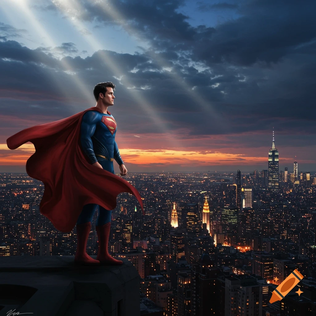 Superman stands heroically on a skyscraper overlooking a vast city skyline at sunset with dramatic light rays.