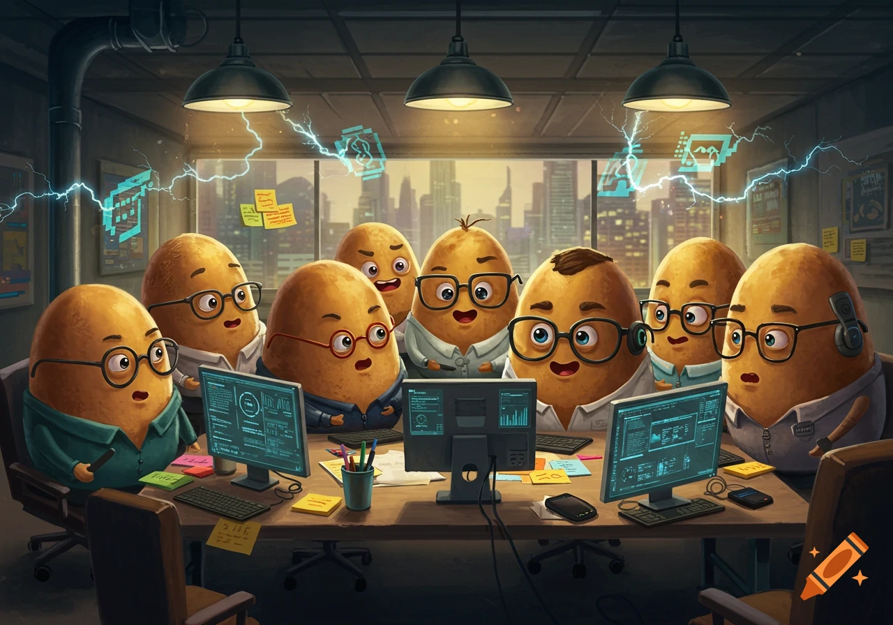Cartoon potatoes wearing glasses and shirts, gathered around a table with computers, brainstorming in an office setting with a city view.