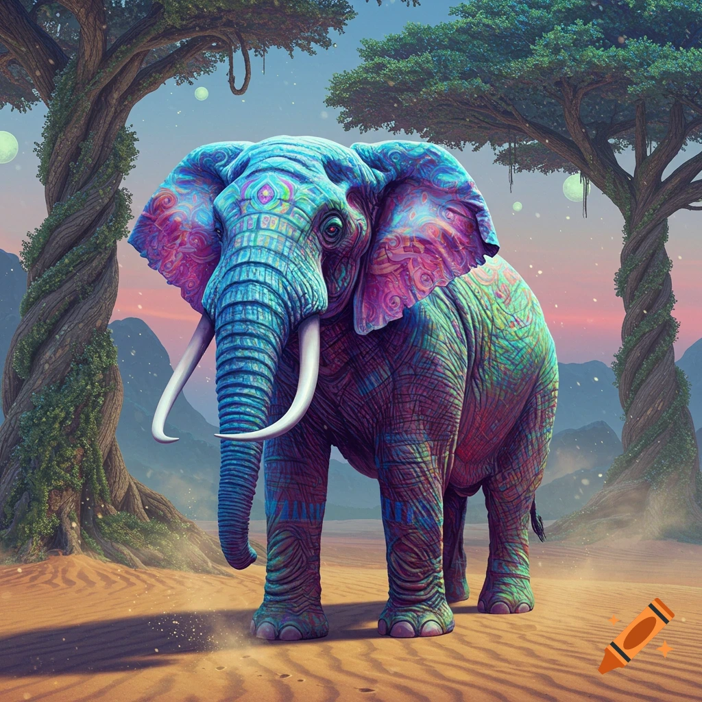 A vibrant, psychedelic elephant with intricate patterns stands in a desert landscape with twisted trees under a colorful sky.