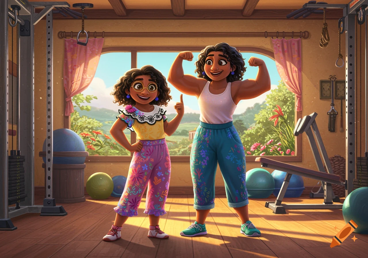 Cartoon mother and daughter from Encanto in a gym, the mother flexing muscles while the daughter points.