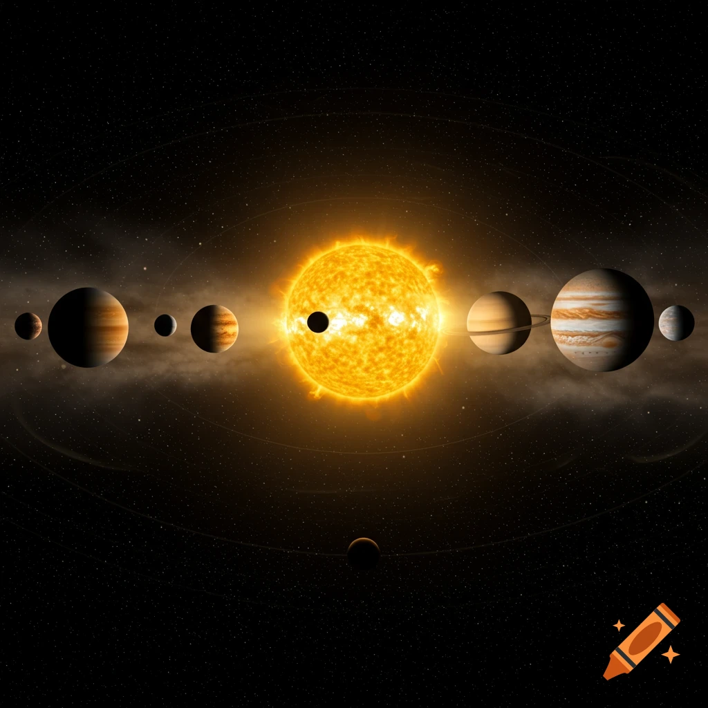 A brightly glowing sun with a black spot, surrounded by several planets and orbital rings against a starry dark space background.