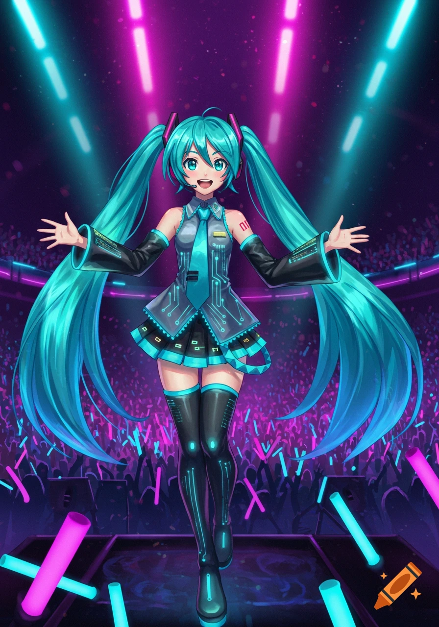 Anime character Hatsune Miku on a stage, arms open, under bright neon lights with a cheering crowd.