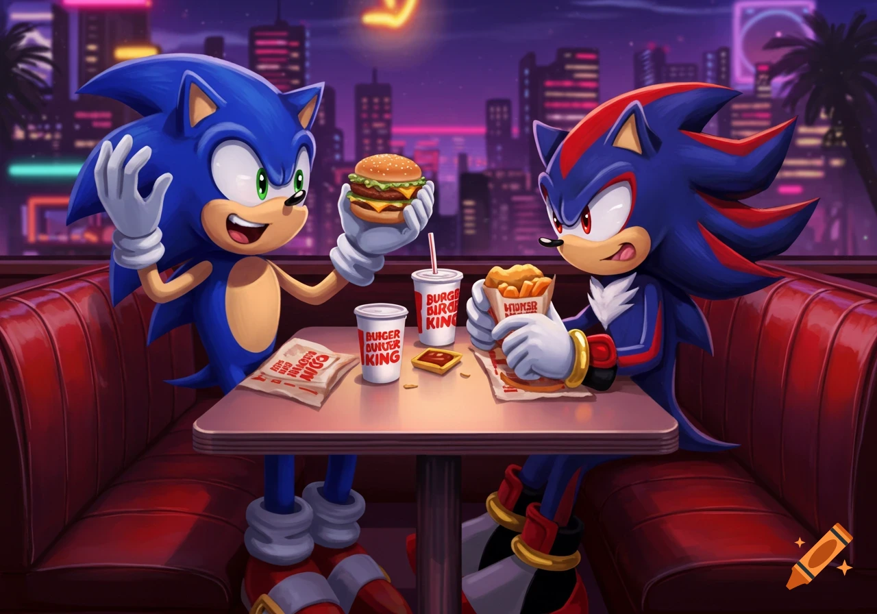 Sonic and Shadow the Hedgehog sit in a red diner booth at night, eating burgers and fries with a city skyline behind them.