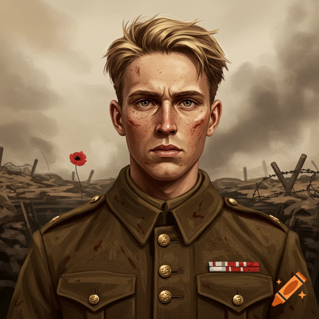 A serious young blonde soldier with blood-stained face and uniform stands in a desolate, war-torn landscape with a single red poppy.