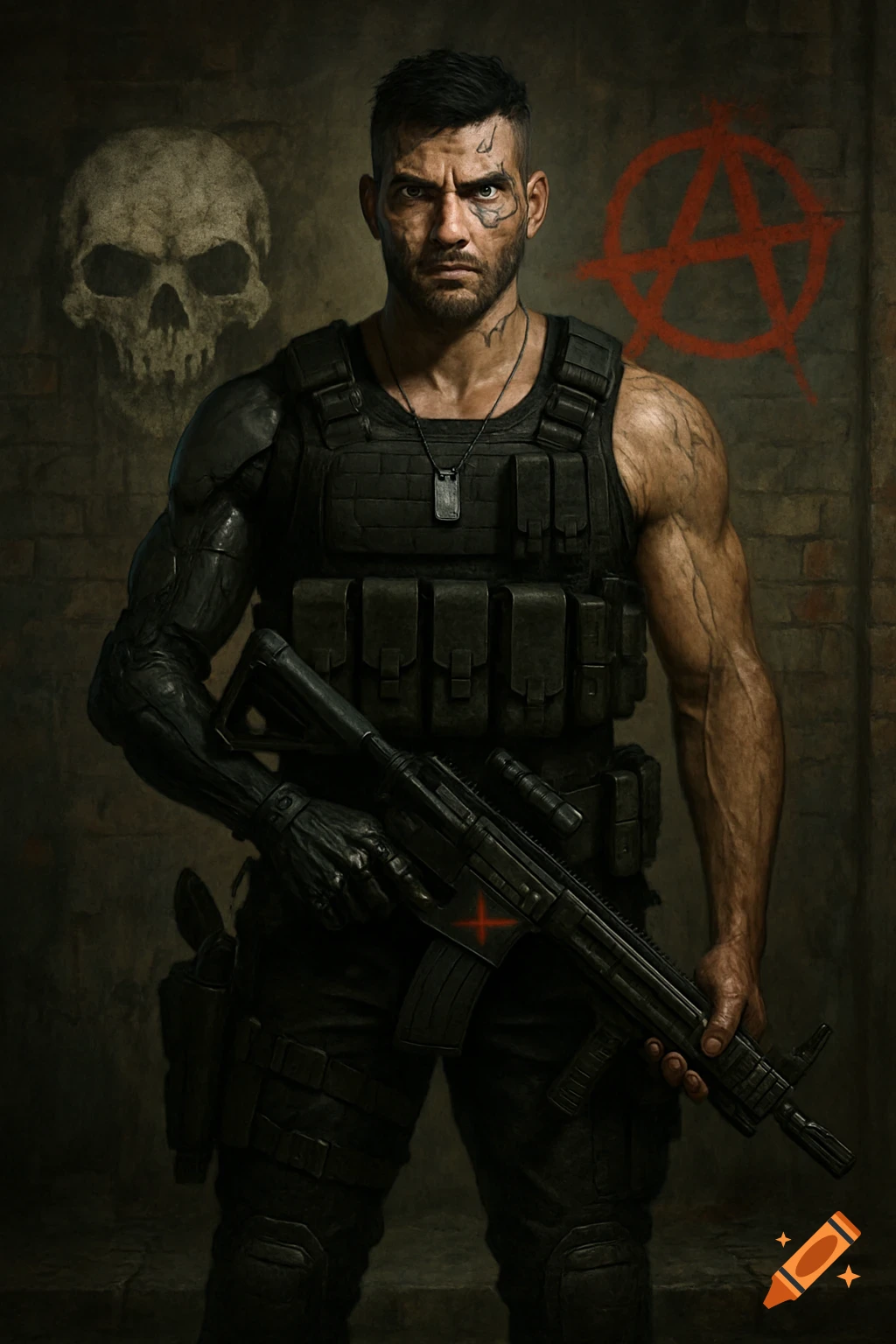 A cybernetically enhanced male vigilante with a tactical vest and rifle, standing against a gritty brick wall with a skull and an anarchy symbol spray-painted on it.