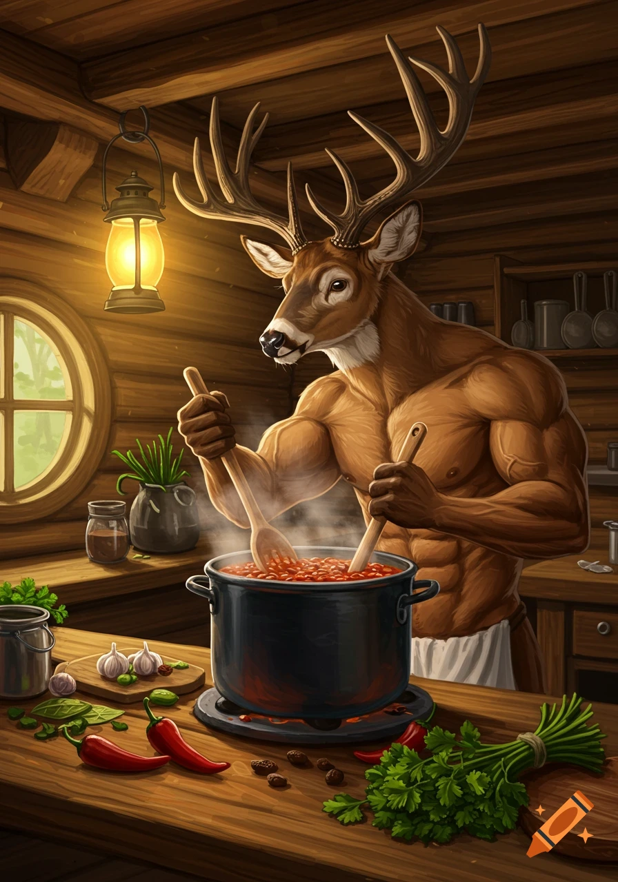 A muscular anthropomorphic deer with antlers stirs a pot of chili on a rustic wooden kitchen counter, lit by a lantern.