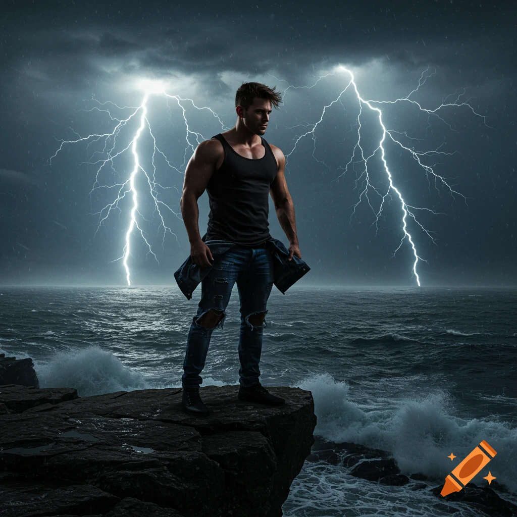 A muscular man stands on a rocky cliff overlooking a stormy ocean with lightning striking in the dark sky.
