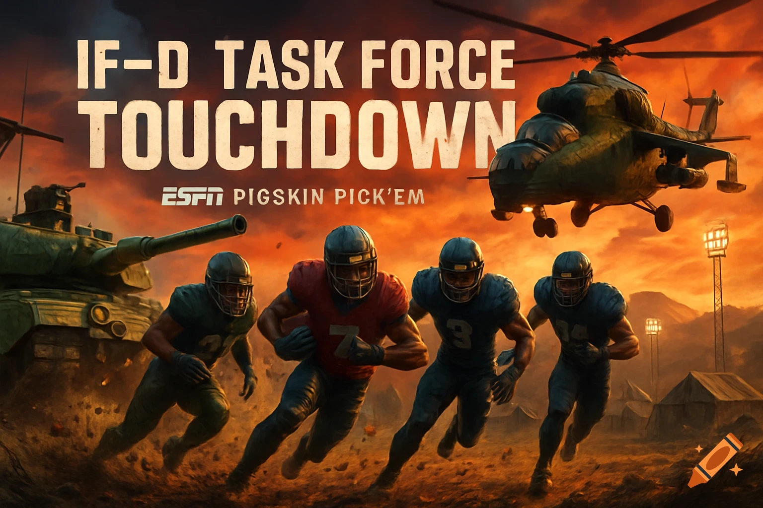 American football players run through a dusty warzone with a tank and helicopter under an orange sky, featuring text 'IF-D Task Force Touchdown ESPN Pigskin Pick'em'.