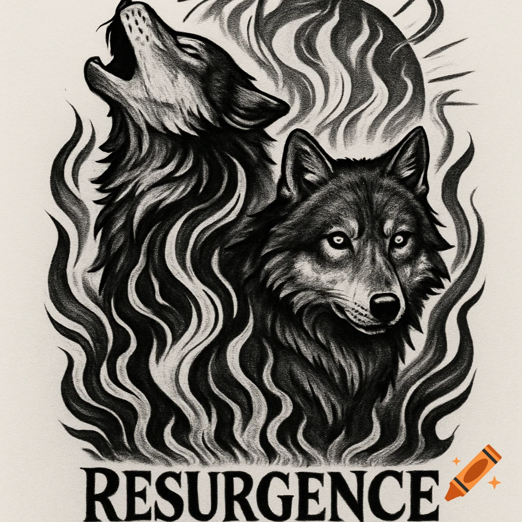 Black and white sketch of two wolves surrounded by flames, one howling and one staring. Text 'RESURGENCE' is at the bottom.