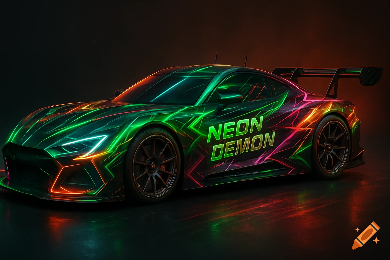 A race car with a vibrant green and pink neon light wrap, displaying the text 'NEON DEMON' on its side, against a dark background.