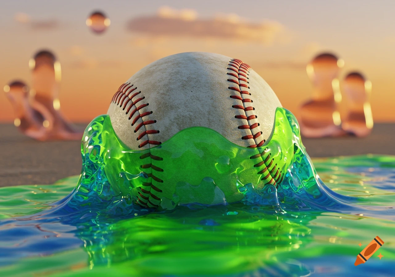 A baseball partially submerged in vibrant green and blue liquid, with a blurry orange sky in the background. Photorealistic style.
