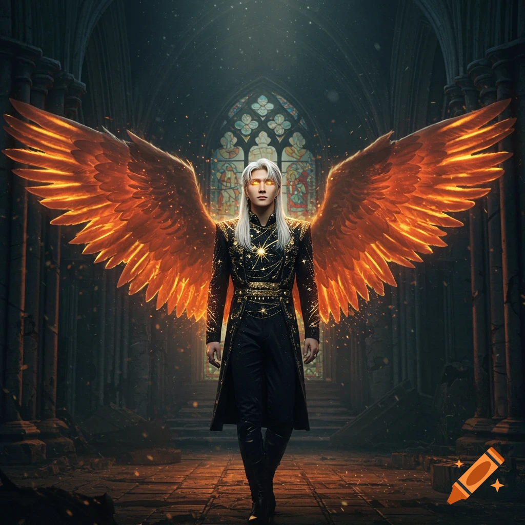 A K-pop male idol with platinum blond hair, glowing golden eyes, and large fiery orange wings stands in dark cathedral ruins in a concept art style.