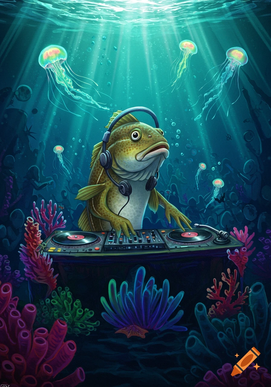 A cartoon fish DJ with headphones spins records underwater amidst jellyfish and vibrant coral.