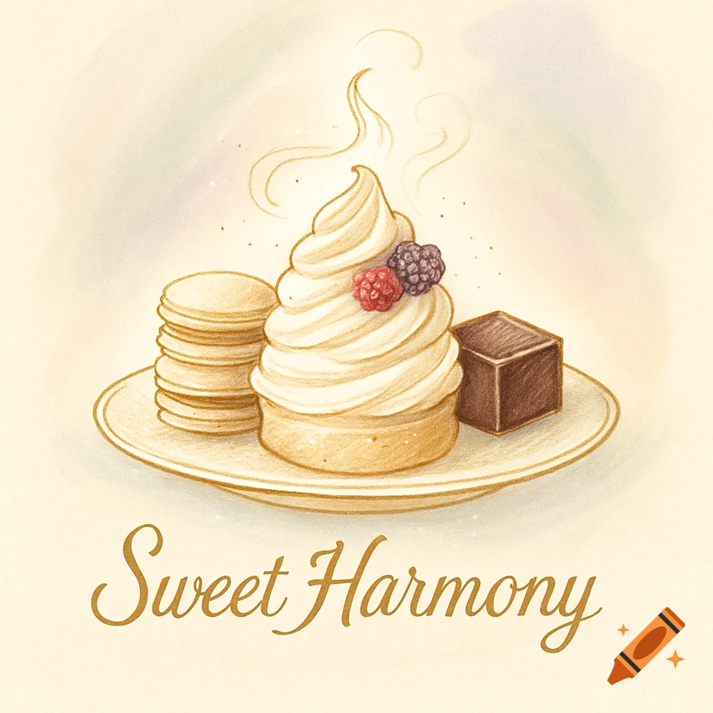 A warm-toned illustration of a plate with a swirled pastry topped with berries, a stack of macarons, and a chocolate square, with 'Sweet Harmony' text below.