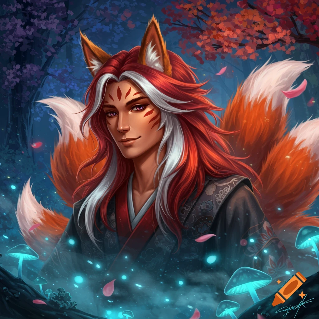 A male kitsune with red and white hair, fox ears, and multiple tails, wearing a dark kimono in a mystical forest with glowing mushrooms.