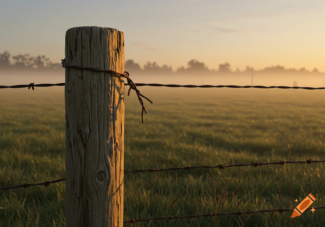Close-up of an old wooden fence post with barbed wire against a misty, sunlit field at dawn.
