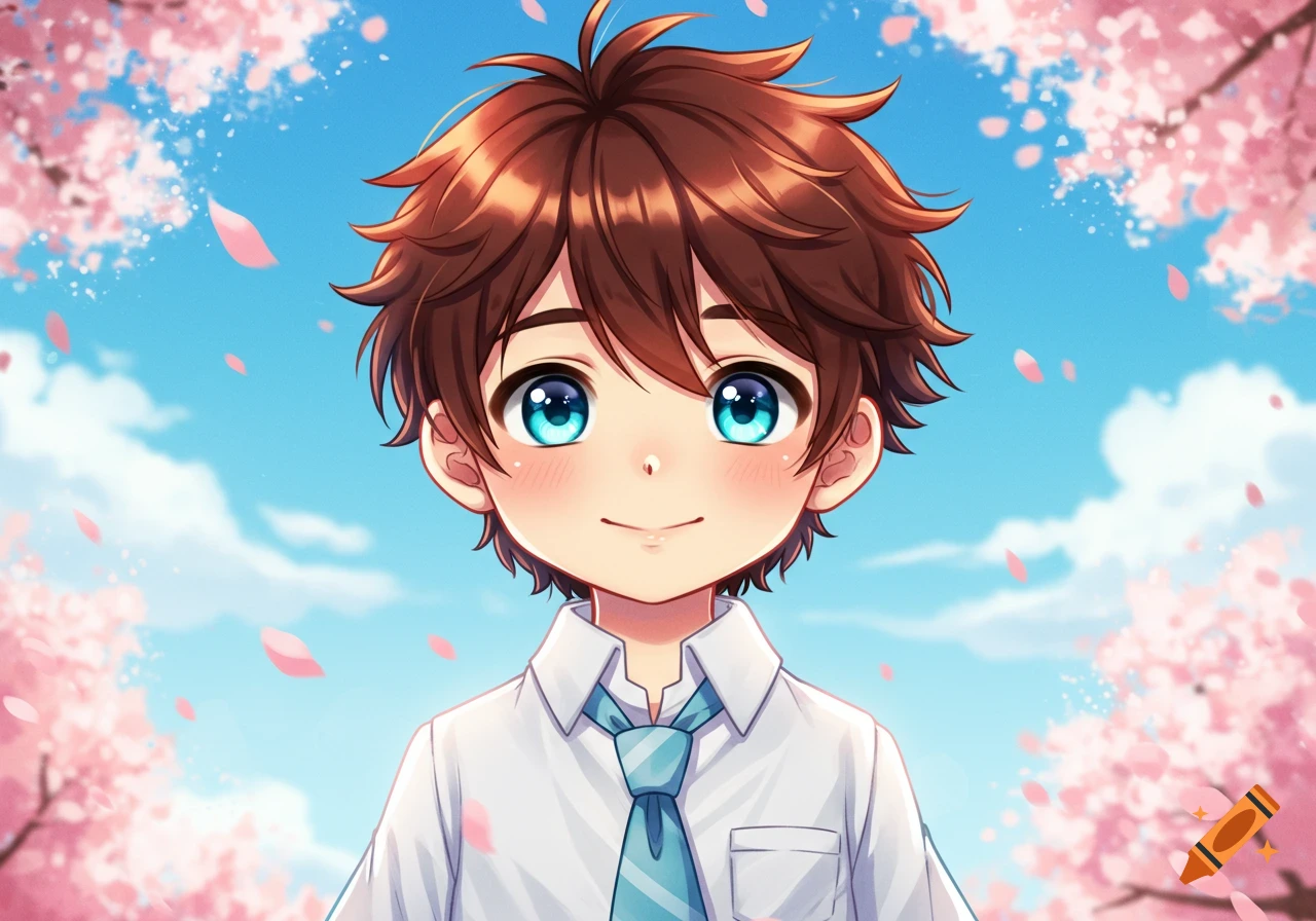 Cute anime boy with brown hair and big blue eyes, blushing slightly, smiling in front of a blue sky with pink cherry blossoms.