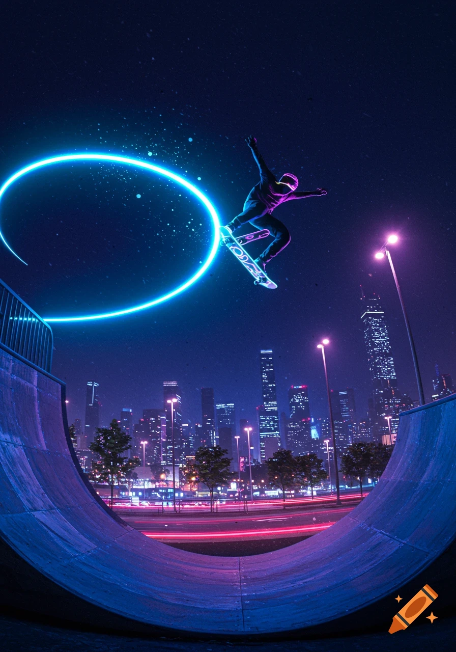 A neon-lit skateboarder mid-air above a skate ramp with a glowing blue ring, set against a dark cyberpunk city skyline at night.