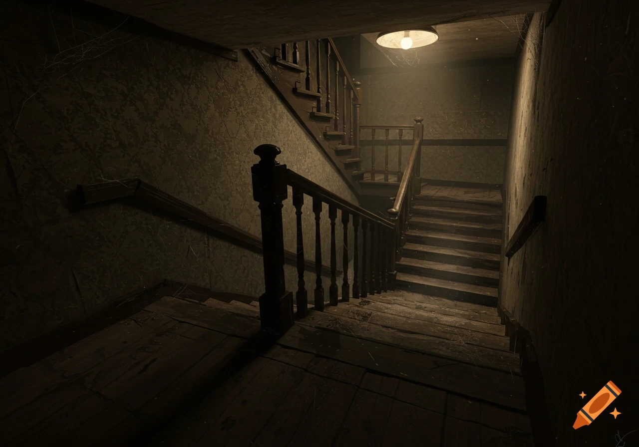 A dark, moody, dilapidated wooden staircase descends into shadows, illuminated by a single bare bulb, featuring old wallpaper and cobwebs.