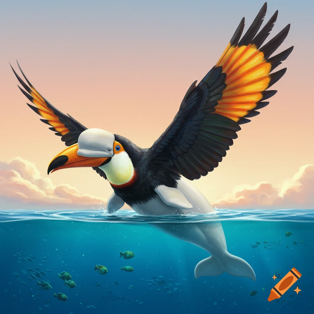 A toucan-beluga whale hybrid with large wings takes flight from blue water, fish visible below.