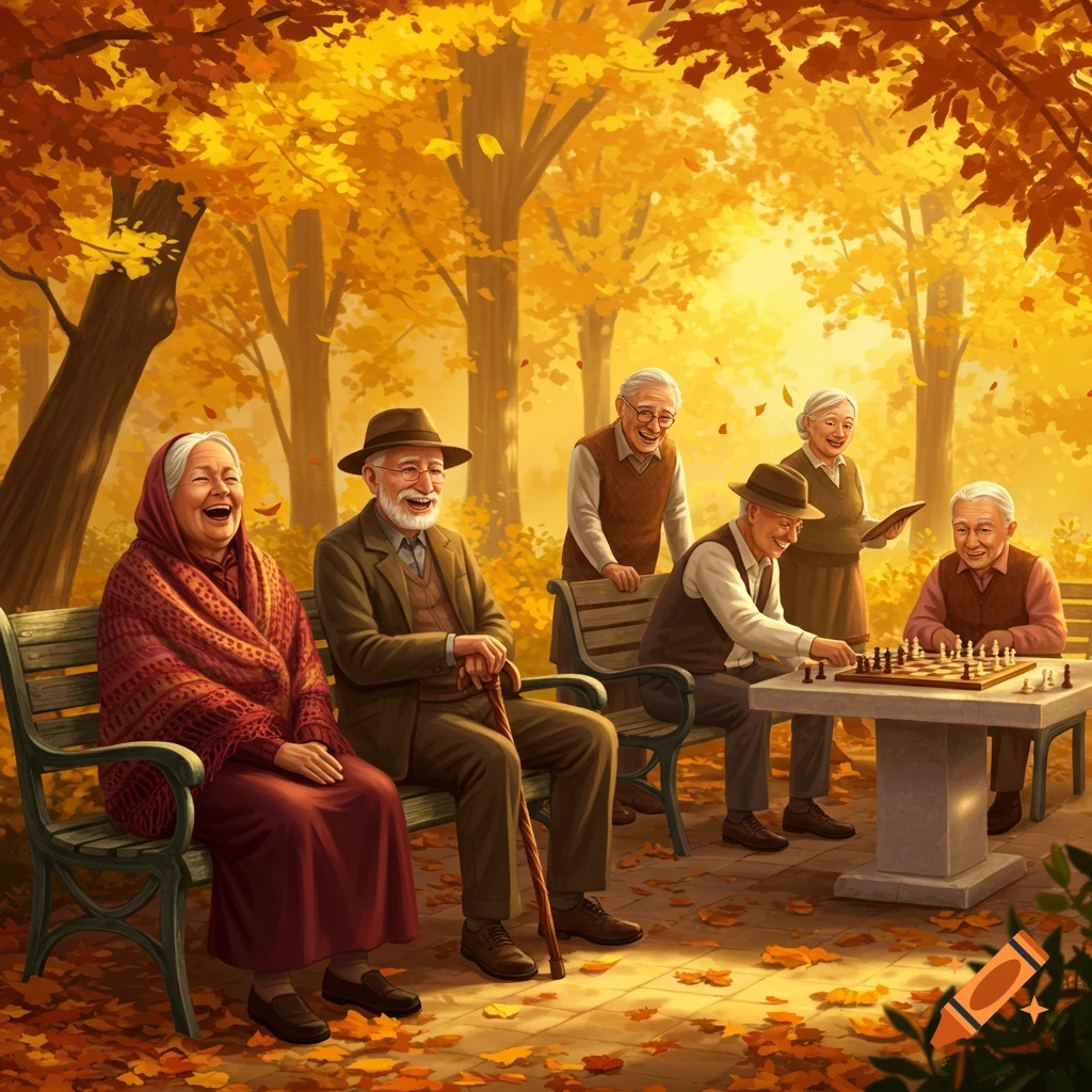 Elderly people laugh and play chess in a sunny, vibrant autumn park with falling leaves.