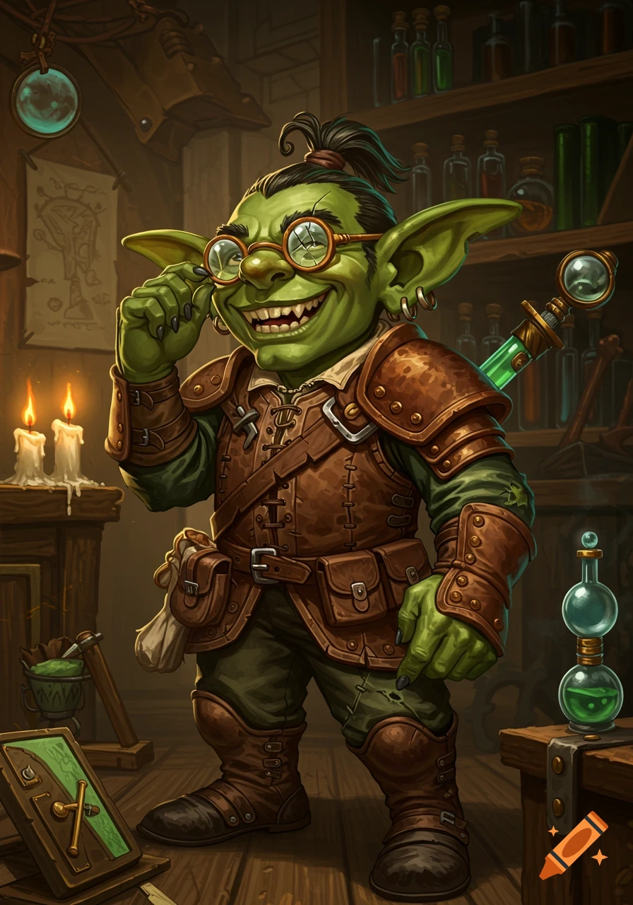 A cheery, green-skinned goblin artificer wearing leather armor and cracked spectacles smiles broadly in a cluttered workshop.