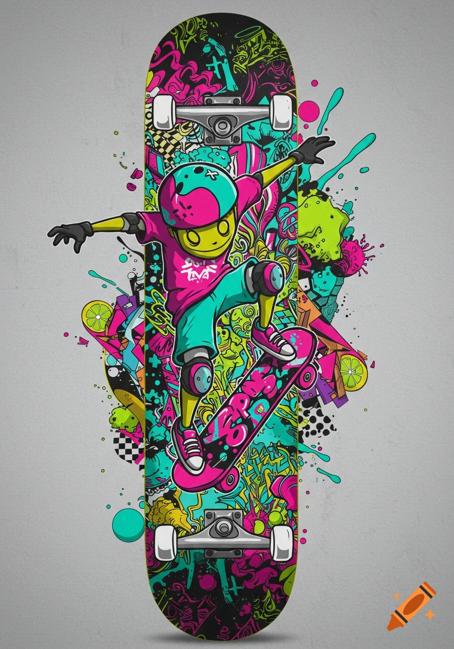 Vibrant cartoon-style graffiti art of a character in a helmet and pads riding a skateboard.