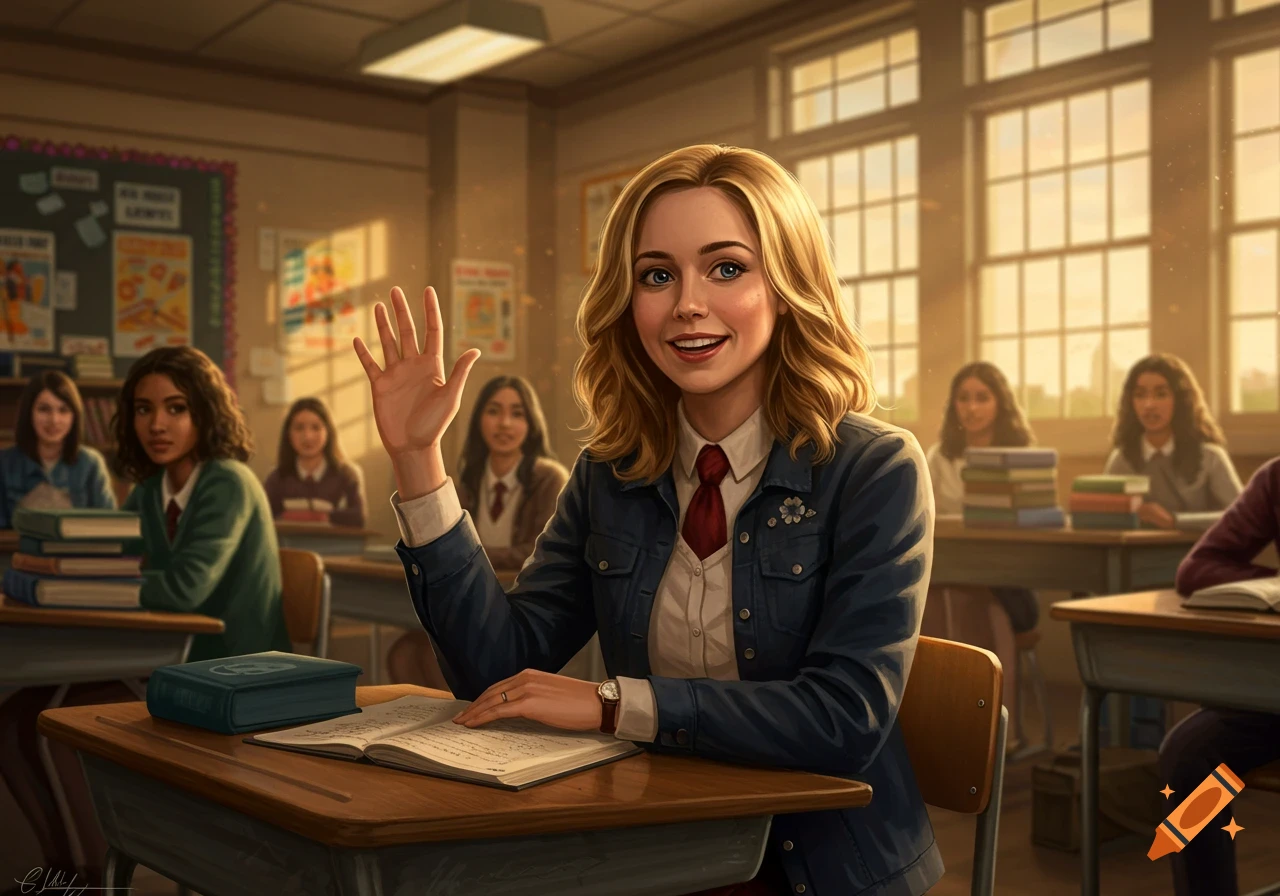 A smiling blonde student in a classroom raises her hand, surrounded by other students and desks. Photorealistic style.